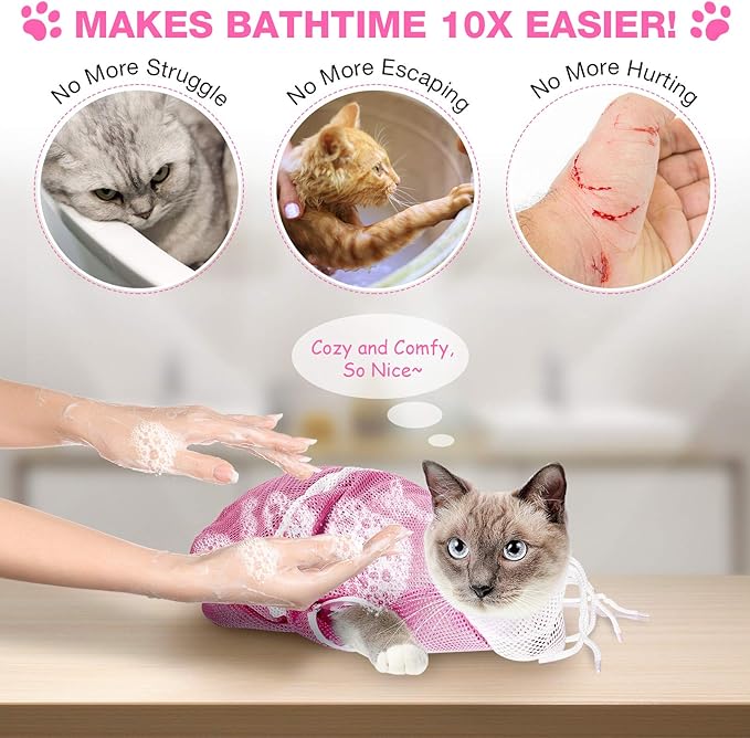 Cat Shower Net Bag Grooming Bathing Adjustable Washing Bag Multifunctional Cat Restraint Accessories Prevent Biting Scratching, Nail Trimming, Ears Clean, Keeping Calm(Pink)