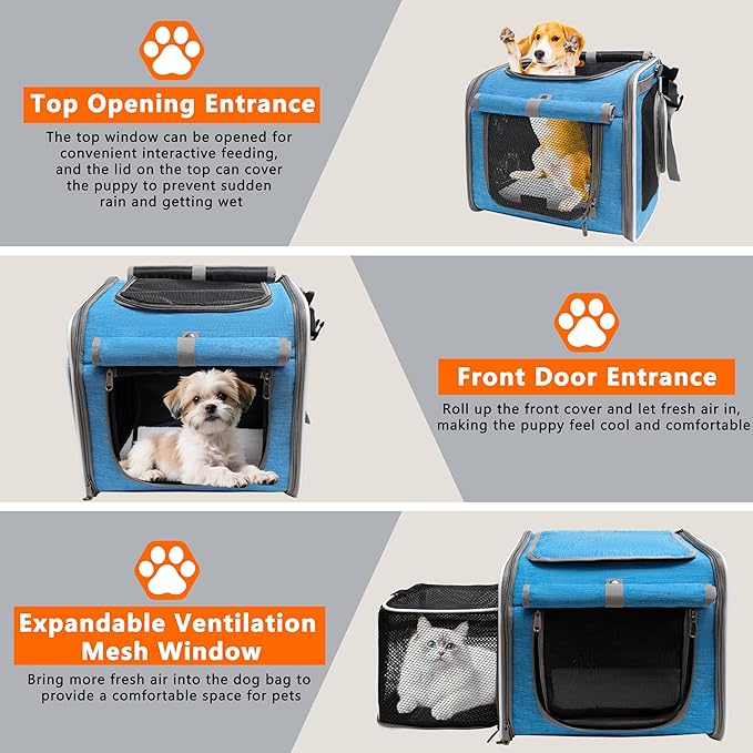 Dog Bike Basket, Expandable Soft Edge Pet Carrier Backpack, Foldable Dog Bicycle Carriers with 4 Mesh Windows, for Medium Cats&Dogs, Suitable for Cross Shaped, Shoulder and Car Seats (Blue)