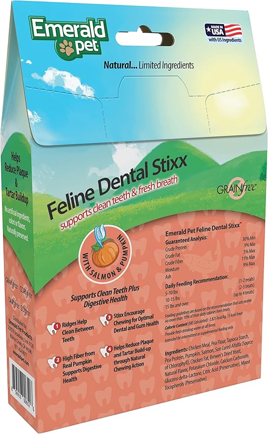 Emerald Pet Feline Dental Stixx — Tasty and Crunchy Cat Sticks with Pumpkin for Digestive Health — Natural Grain Free Dental Treats for Clean Teeth and Fresh Breath — Salmon, 3.6 oz