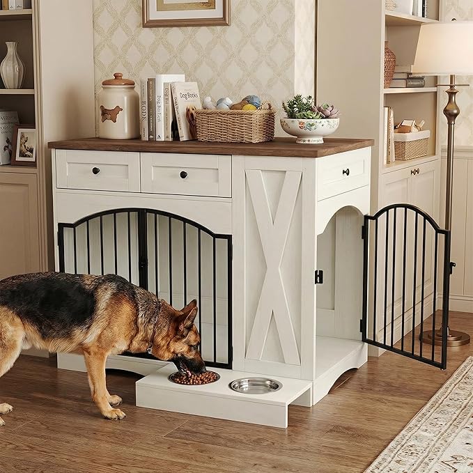 43.3" Furniture Style Dog Crate with 3 Storage Drawers, Heavy Duty Wood Pet Kennel with Removable Feeder, Modern End Table Dog House with Dual Doors for Large Dogs (41-70 lbs) (Brown)