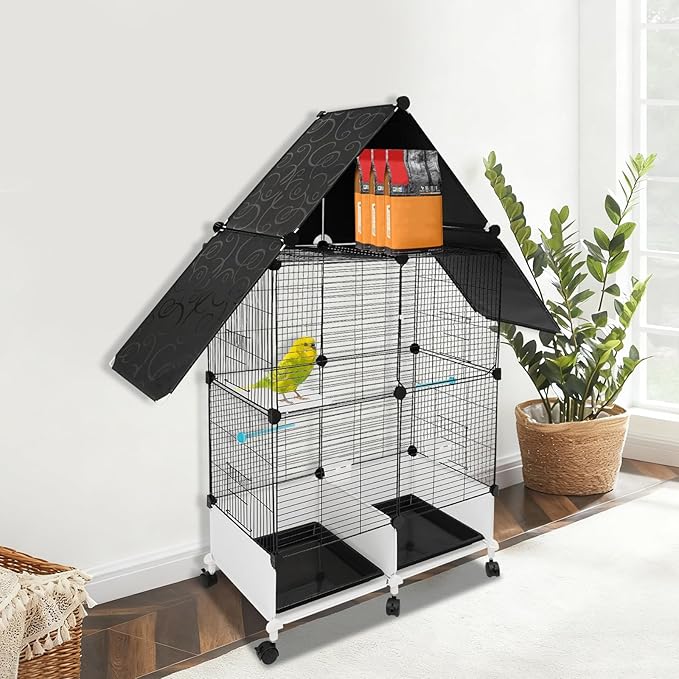 50 Inch 2-Tier Big Bird Cage with Food & Water Bowls Parakeet Bird Cage with Stand, Wheels Metal Birdcage Parrot Cage for Parakeet, Lovebirds, Ringneck, Cockatiels (Black, 2-Tier)