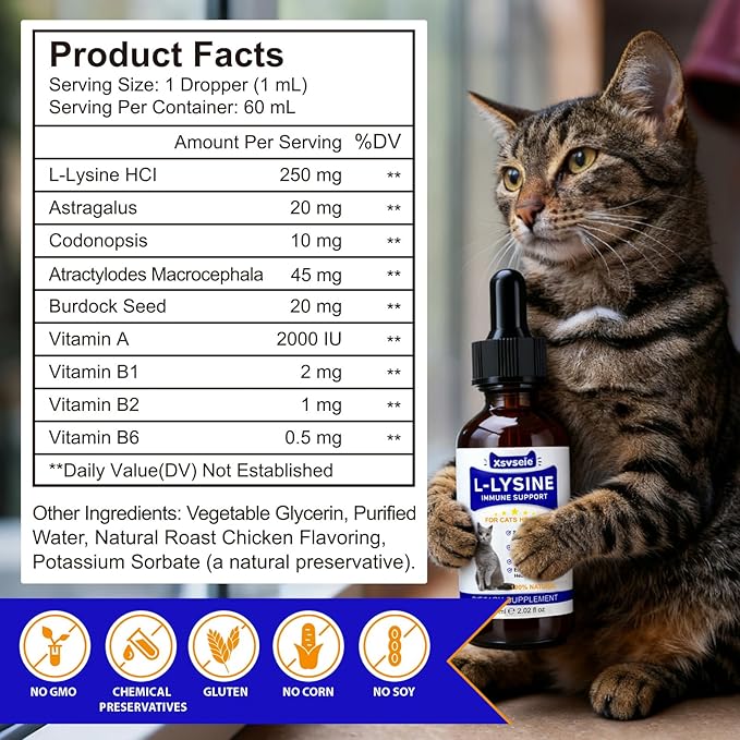Lysine for Cats, L-Lysine Supplement Liquid Drops for Cats Supports Immune & Respiratory Health,Helps with Sneezing, Eye Discharge and Watery Eyes