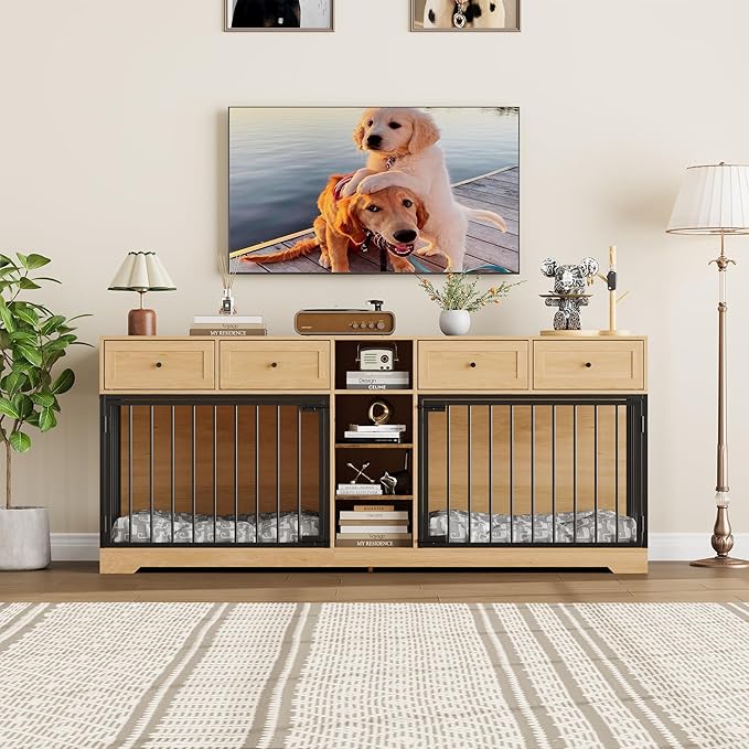 GAOMON Dog Crate Furniture for 2 Dogs, 82'' Large Dog Kennel Indoor with 4 Storage Drawers and 4 Shelves, Double Dog Crate TV Stand for Medium and Large Dogs, Natural