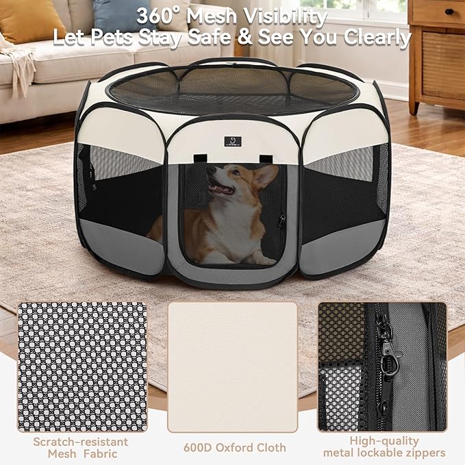 Portable Indoor Dog Playpen for Small Dogs & Puppies by A 4 Pet – 40.55" Pop-Up Soft Puppy Playpens with Bowl, Waterproof Floor, Calm Safe Space for Home, Travel & Daily Use