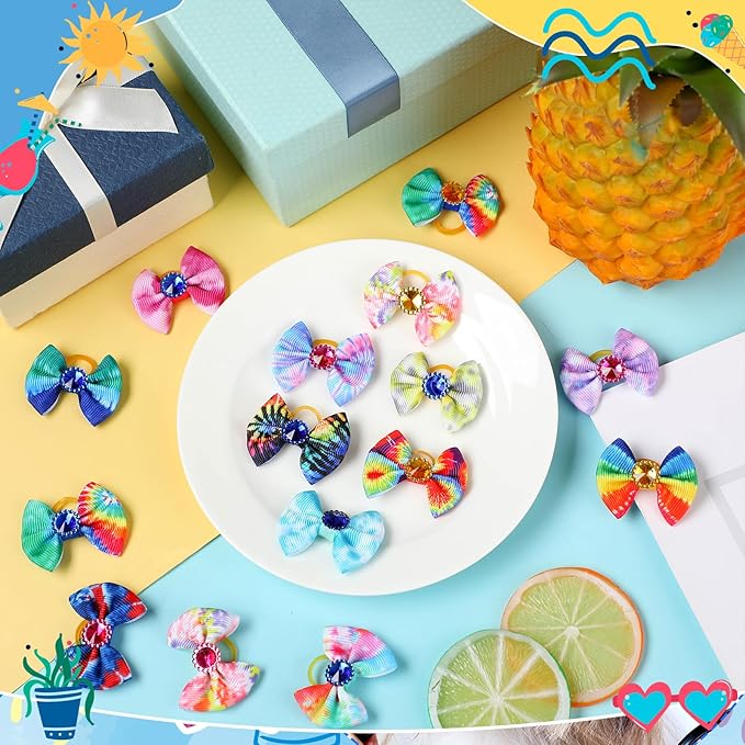 Tondiamo 100 Pack Tie Dye Dog Hair Bows for Dogs Spring Dog Hair Bows with Rubber Bands Puppy Rhinestone Grooming Dog Hair Accessories for Small Girl Dogs