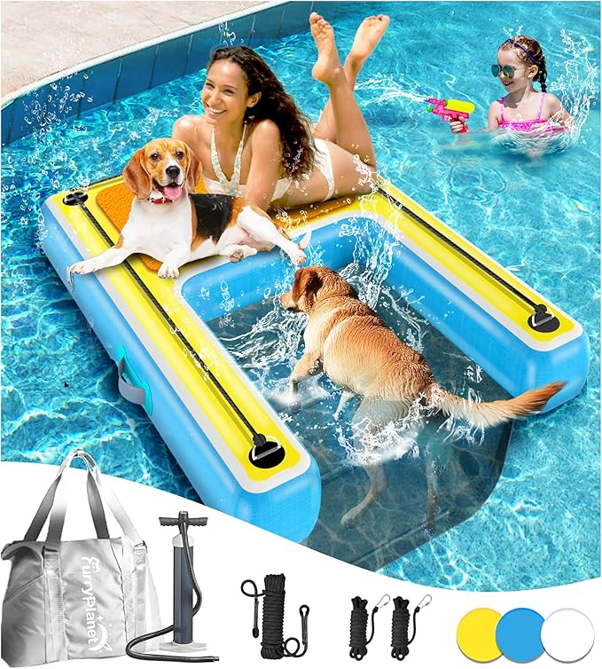 Inflatable Dog Pool Water Ramp – 60"x40" Extra Large Boat Ramp for Dogs Up to 240 lbs, Non-Slip EVA Foam Inflatable Dock Floating Platform, Pool Floats Platform for Lakes, Boats& Oceans