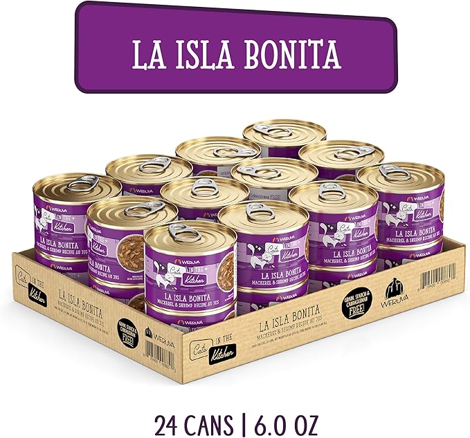 Weruva Cats in The Kitchen, La Isla Bonita with Mackerel & Shrimp Au Jus Cat Food, 6oz Can (Pack of 24)