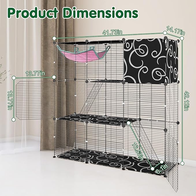 3-Tier Cat Cage, Indoor Cat Enclosures with Hammock Toy Bal Ladders, DIY Cat Playpen Detachable Metal Wire Kennels Kitten Crate Cats House Large Exercise Place for 1-2 Cats/Kitten, 42"x14"x42"