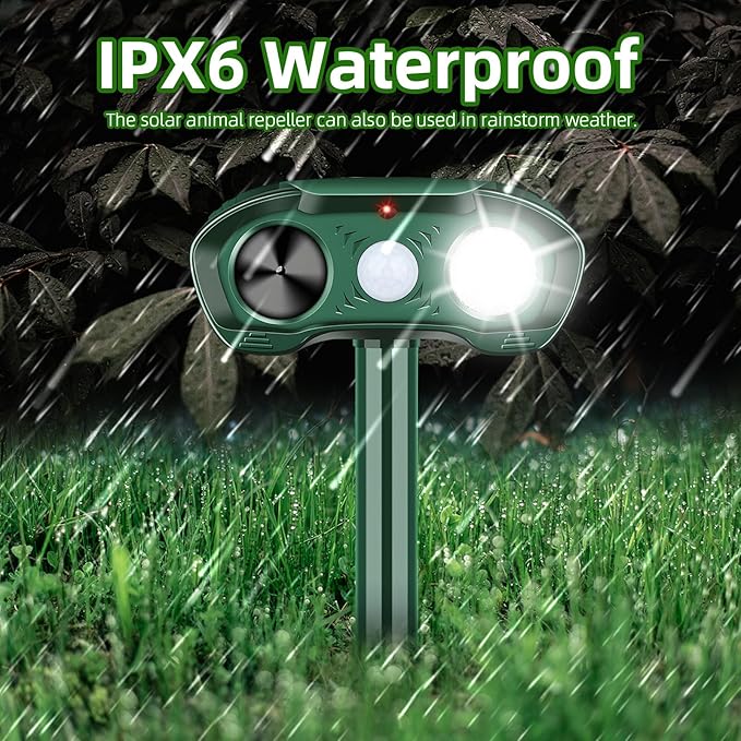 Ultrasonic Animal Repellent Outdoor Deer Repellent Devices with Motion Sensor & Strobe Light, Sonic Cat Deterrent Skunk Rabbit Raccoon Repellent Solar Animal Repeller for Yard Garden Patio