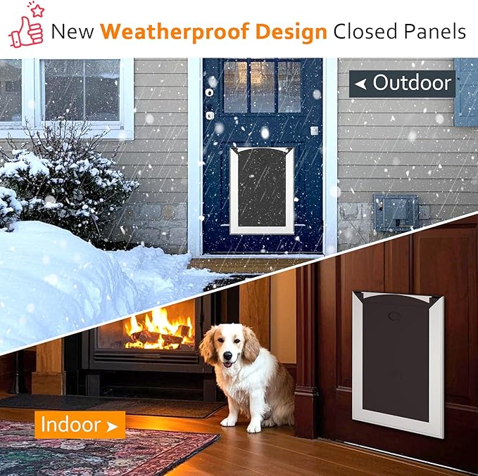 [Classicmacher] Heavy Duty Dog Door with Double Sliding Lock Panel, Aluminum Large Doggie Door for Exterior Door, Magnetic Double Flaps Do g Door for L arge and Medium Dog Up to 100Lbs (Large,Silver)