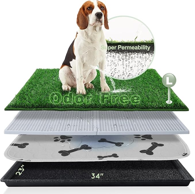 Dog Grass Pad with Tray Large 34’’×23’’, Ultra-Absorbent Artificial Grass Pad for Dogs Potty Grass Hemmed Edge for Indoor Potty Training, Reusable Dogs Pee Pads, Dog Litter Box for Balcony