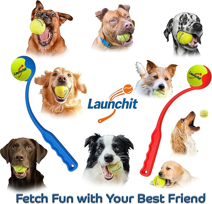 Dog Ball Thrower Launcher, Tennis Ball Launcher, for Small Large Dogs Compact Design 13.8" Stick with Medium 2.5" Red