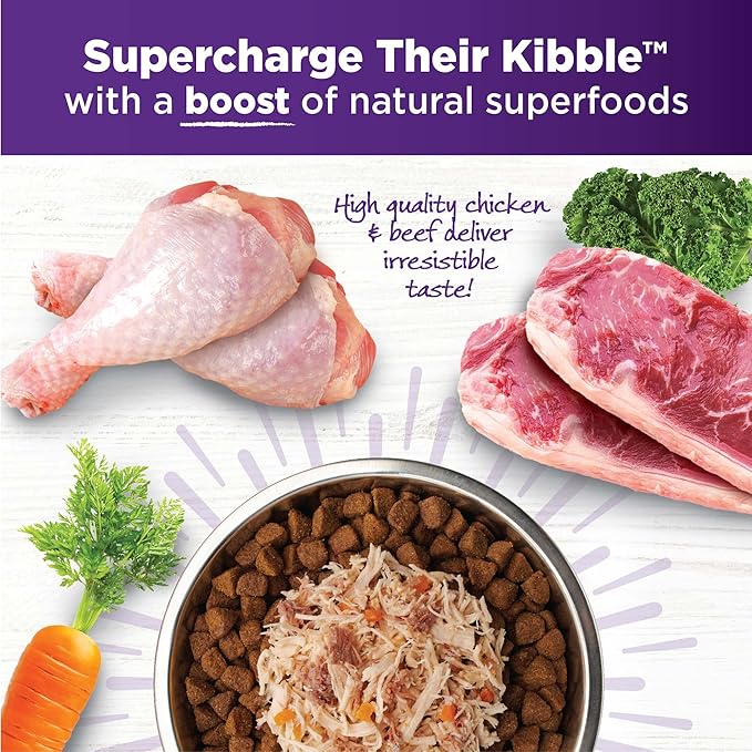 Wellness Bowl Boosters Simply Shreds Wet Dog Food Topper for Small,Medium,& Large Breeds,Grain Free,Natural,Chicken,Beef & Carrots,2.8 Ounce Pouch,(Pack of 24)