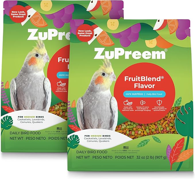 ZuPreem FruitBlend Flavor Pellets Bird Food for Medium Birds, 2 lb (Pack of 2) - Daily Blend Made in USA for Cockatiels, Quakers, Lovebirds, Small Conures