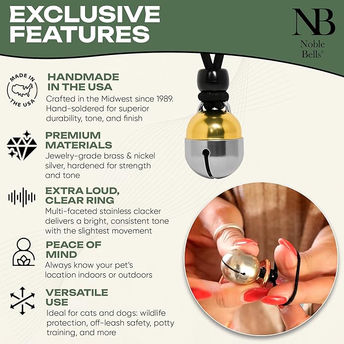 Noble Bells - Handmade in USA, Extra Loud Collar Bell for Cats and Dogs, Premium Brass and Nickel Silver