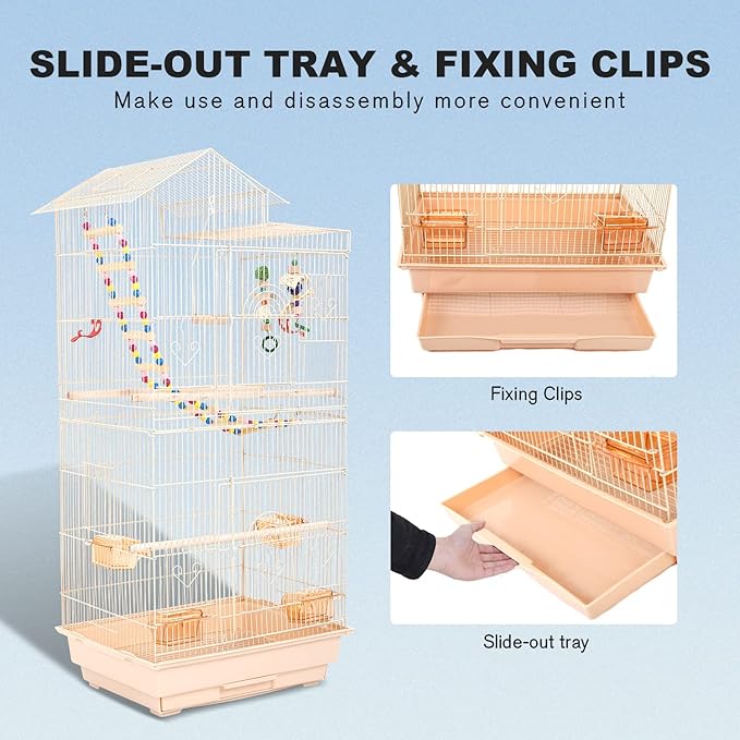 HCY Bird Cage 39 Inch Bird Cages for Parakeets Roof Top Large Flight Parrot Cage with Toys for Small Medium Birds,Cockatiel,Parakeets,Parrot,Lovebirds,Finch,Canary Bird Cage(Almond), 17''Lx13''W''39H