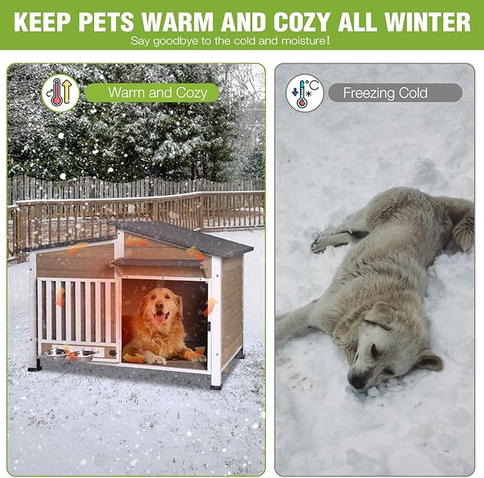 GUTINNEEN Large Outdoor Insulated Dog House Weatherproof Dog Kennel Dog Shelter with Chew-Proof Full Metal Frame, 360° Rotatable Spill-Proof Bowl, Openable Roof for Large Dog Breeds, 39.7" L