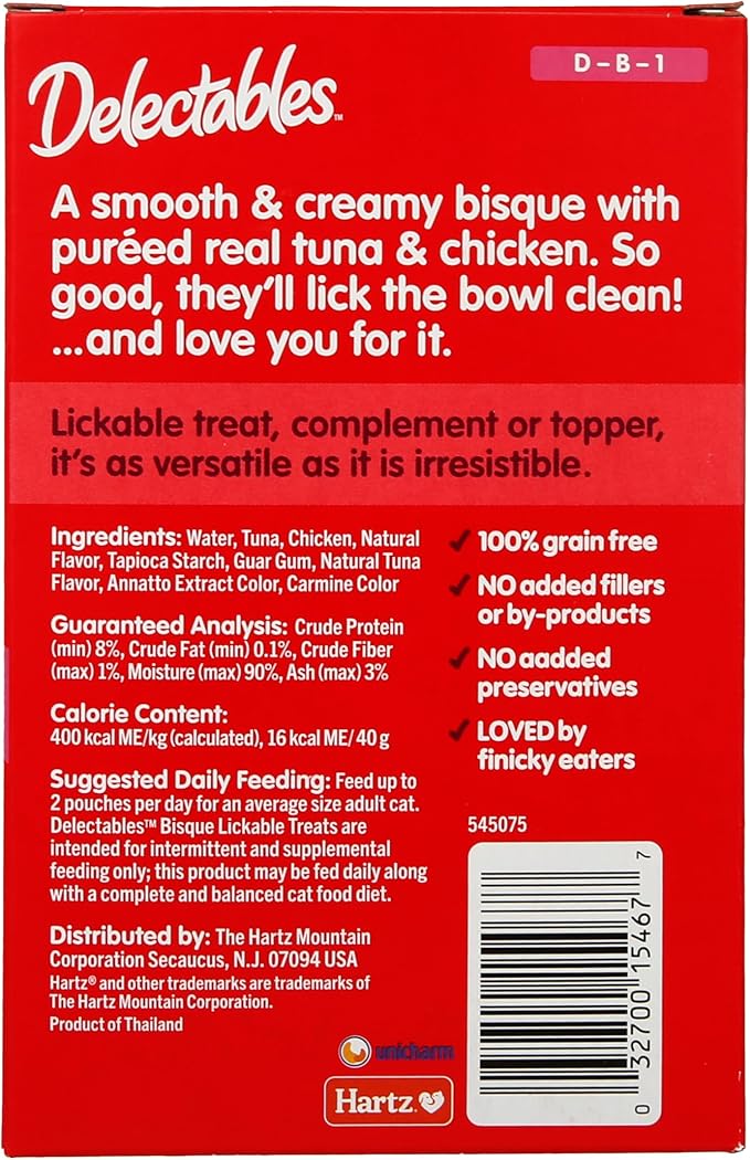 Hartz Delectables Bisque Lickable Cat Treats, Tuna & Chicken, 30 Count (Pack of 6)