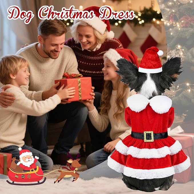 Cat Dog Christmas Dress Outfit Cat Christmas Dress with Santa Hat Costume Holiday Outfit Clothes for Cats Puppy XS Small Dogs (Medium)