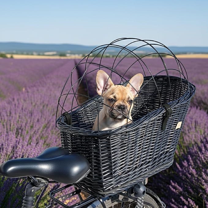 Natural Wicker Dog Bike Basket - 100% Organic Rattan Pet Carrier with Protective Grille - Eco Friendly Design - Soft Cotton Cushion & Mounting Bracket for Secure Bicycle Rear Luggage Rack