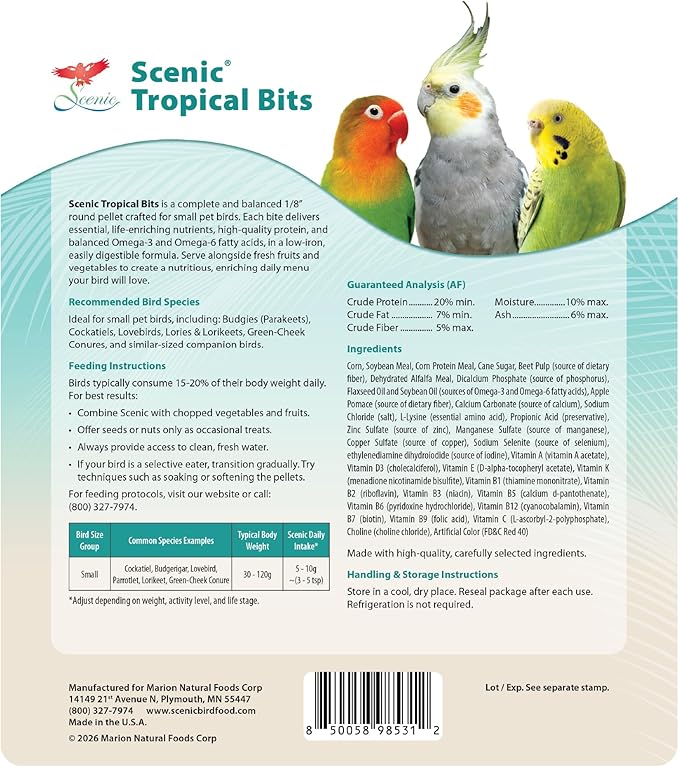 Scenic Tropical Bits Small Pet Bird Food - 1.75 lb Bag - 1/8" Bird Pellets - Complete Nutrition for Cockatiels, Budgies, Lovebirds, Conures & Lories