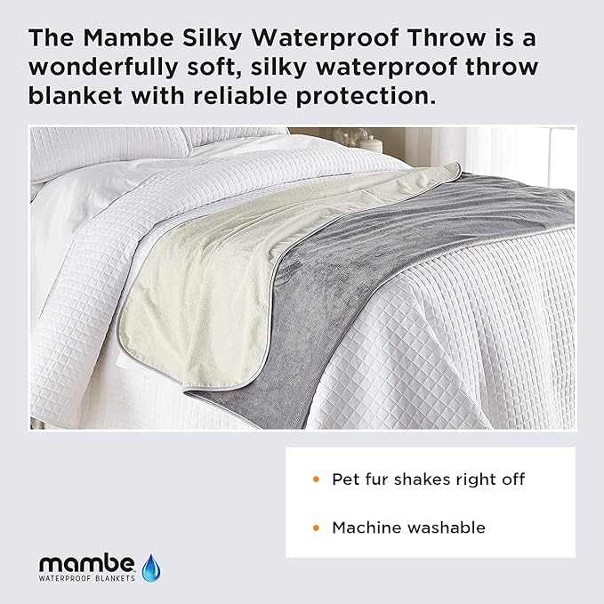 Mambe Silky Waterproof Throw for Protecting Furniture Bed Couch from Stains Caused by Dogs, Cats, Incontinence. Soft, Washable, Reversible. (Size Long/Sofa 70x120 inches, Color Buff/Dove)