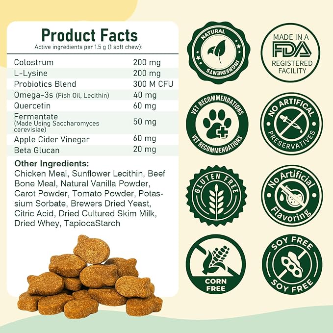 Cat Allergy Relief for Cats, 150 Soft Chews for Cat Itch and Allergy Relief with Omega-3 and Probiotics Coat Health, Immune Boost and Seasonal Allergies Chicken Flavor Chews