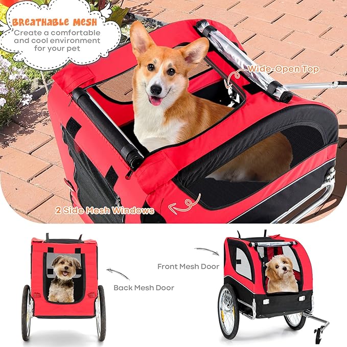 Giantex Dog Bike Trailer, Bicycle Trailer Wagon for Medium and Small Sized Dogs, 20 Inch Wheels, 3 Zippered Doors, 8 Reflectors, 1 Red Flag, Folding Dog Carrier for Bike, Hold up to 88lbs