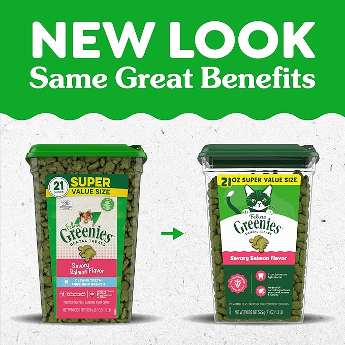 Greenies Cat Treats, Feline Veterinarian-Recommended Adult Natural Dental Cat Treats, Savory Salmon Flavor, 21 oz. Tub