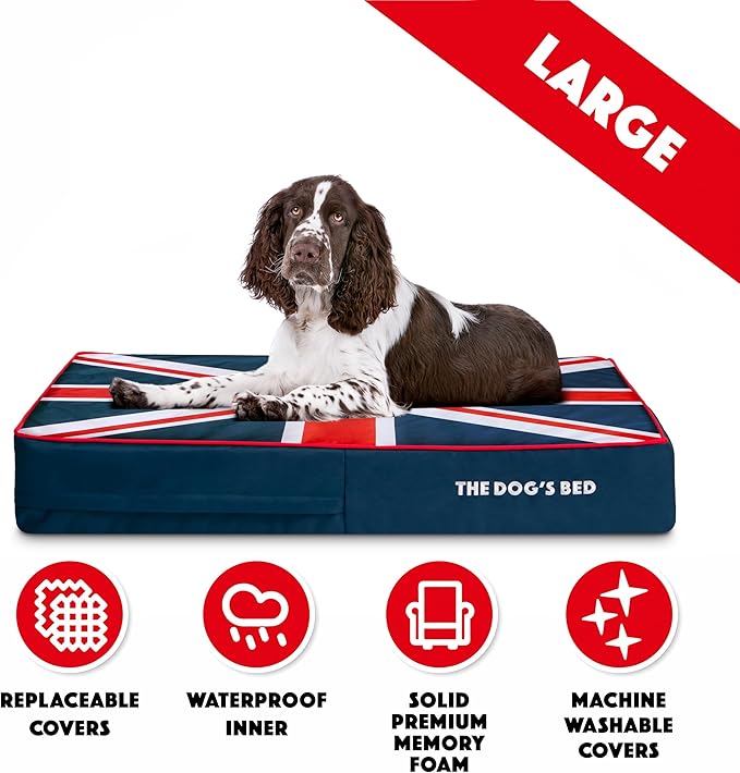 The Dog’s Bed Orthopedic Memory Foam Dog Bed Mattress, Oxford Fabric, Blue & Red Trim UK Center Flag, Large, 6-Inch