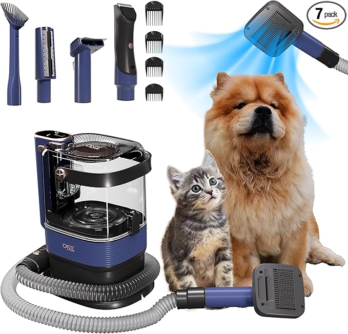 ONE Products Low Noise Dog Hair Vacuum & Dog Grooming Kit with 3.2L Large Capacity for Shedding Grooming Hair, Quiet Pet Grooming Tools, 5 Replaceable Heads, and 4 Combs