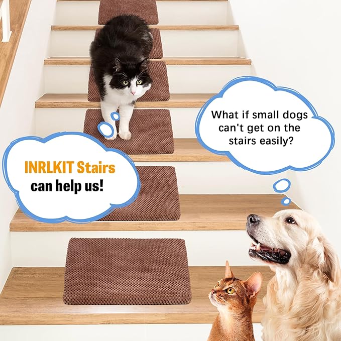 40D Dog Ramp for Stairs for Small & Senior Dogs and Cats – Non-Slip Stair Ramp for Dogs with Gentle Slope, Pet Ramp with Washable Cover & Self-Sticky Pads for Safe Climbing Easy Install(Brown, 3 Pack)