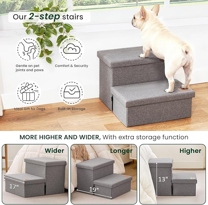 Love's cabin Dog Stairs with Storage 13" H, Foldable Pet Stairs for Small Medium or Large Dogs, Cat Puppy Steps Ramp with Zip up to 150 lbs, Solid Grey, 2 Steps