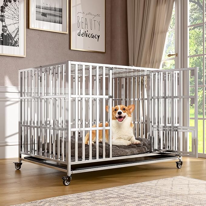48" Heavy Duty Dog Crate, Escape Proof XL Stainless Steel Dog Kennel with Top Opening, 4 Lockable Wheels, Easy Clean Metal Dog Cage for Large/High Anxiety Dogs