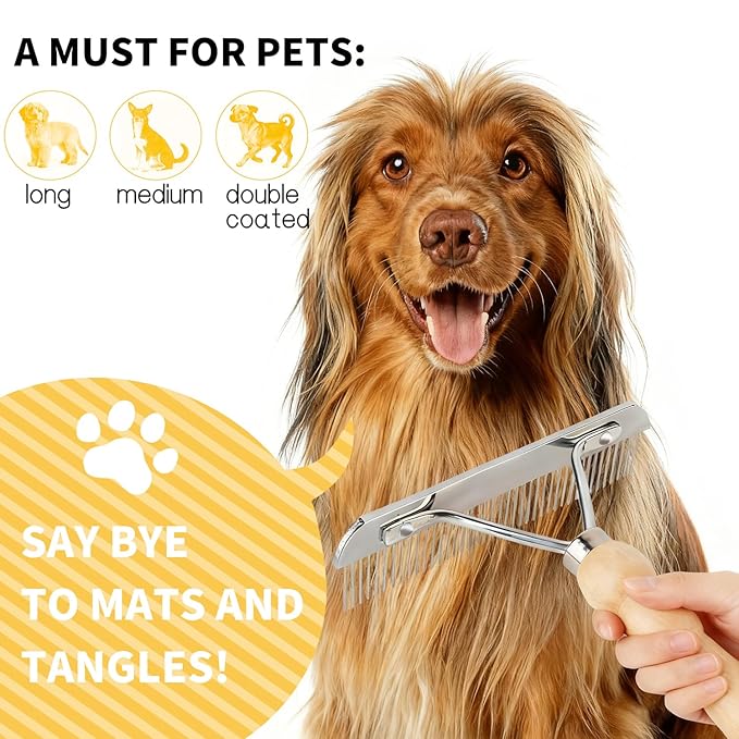 Undercoat Grooming Rake with Anti-Slip Wooden Handle, Steel Comb for Medium & Large Pets