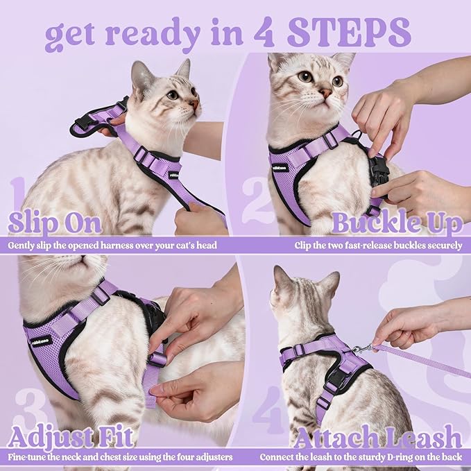 rabbitgoo Cat Harness and Leash for Walking, Escape Proof Soft Adjustable Vest Harnesses for Cats, Easy Control Breathable Reflective Strips Jacket, Light Purple, XXS