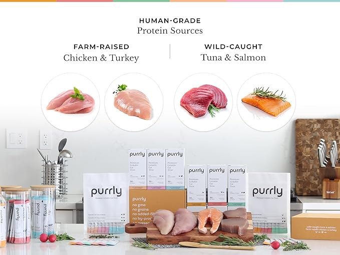Purrly Cat Treat Snack Wet Lickable Low Calorie Healthy Grain-Free Tuna Variety Packs (18 Count) Squeezable Creamy Purée with Human-Grade Proteins and Functional Nutrients No-Artificial-Additives