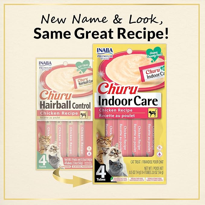INABA Churu for Cats, Functional, Creamy Lickable Purée Cat Treat for Indoor Care and Hairball Control, 0.5 Ounces Each, 24 Tubes (4 per Pack), 2 Flavor Tuna and Chicken Variety Pack