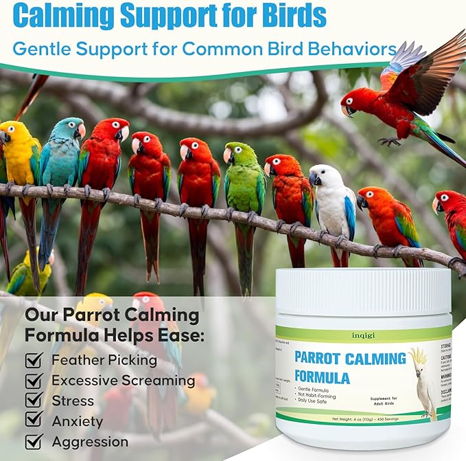 Parrot Calming Supplement – Natural Bird Stress Support Powder for Fireworks, Travel & Visitors – Vet-Formulated – Easy to Use Daily Support for Parrots – 4oz (450 Servings)