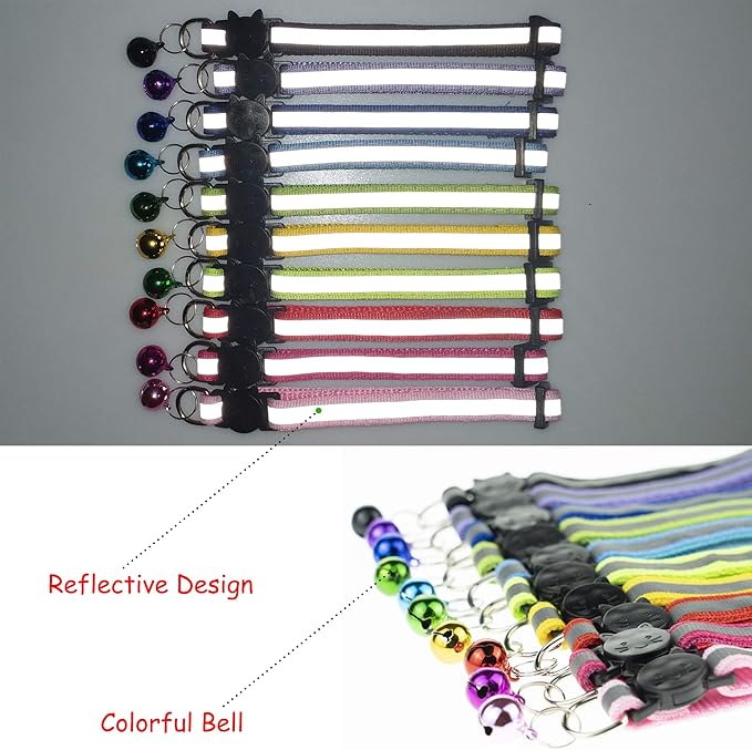 4 Pcs Cat Collars with Bell, Breakaway & Reflective, Nylon, 4 Colors, 7-12 Inch, Unisex, Small Breeds