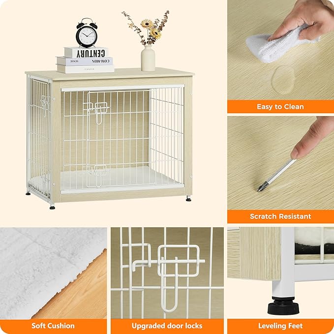 DWANTON Dog Crate Furniture with Cushion, Wooden Kennel Table with Double Doors, Indoor Dog House, Medium Size, 32.5" L, White Oak