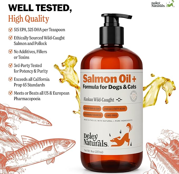 Deley Naturals Wild Alaskan Salmon Oil for Dogs & Cats - New and Improved Salmon Oil Plus Formula - Fish Oil for Dogs with Omega 3, DHA and EPA - Omega 3 for Healthy Skin and Coat - 8oz Made in USA