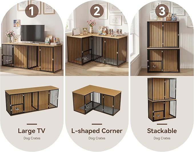 80.7" Double Dog Crate Furniture, Large Breed Dog Crate TV Stand with Swivel Bowls, Heavy Duty Wooden Double Dog Kennel with Removable Divider for 2 Medium Dogs (Black)