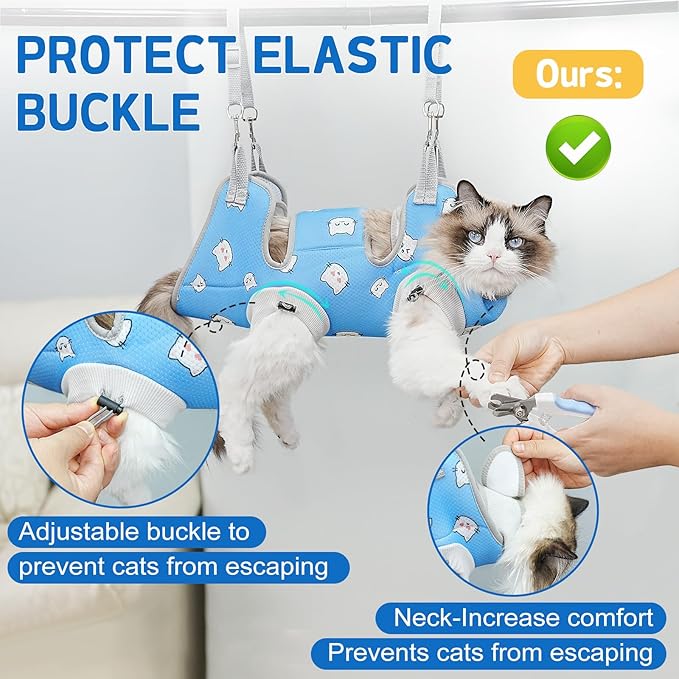 Supet Cat Grooming Hammock Harness for Nail Trimming, Cat Grooming Hanging Sling for Nail Clipping, Pet Restraint Holder for Cutting Nails, Medicine, Ear & Teeth Cleaning, Eye Care (BlueCat S)