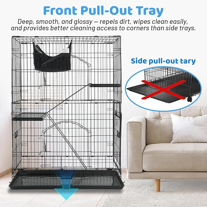 Homey Pet 51 Inch Cat Cages Indoor, 3-Tier Cat Crates for Indoor Cats, Collapsible Metal Wire Large Cat Kennel Big Multi-Level Kitten Crate with Wide Side Door, Plastic Platform, Ramp, 360° Wheel