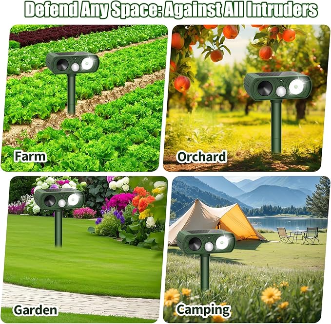 Solar Ultrasonic Animal Repellent, Deer Repellent Devices Waterproof, Cat Repellent Outdoor with Motion Detection Squirrel Skunk Rabbit Dog Raccoon Deterrents Animal Repeller for Yard, 2 Pack