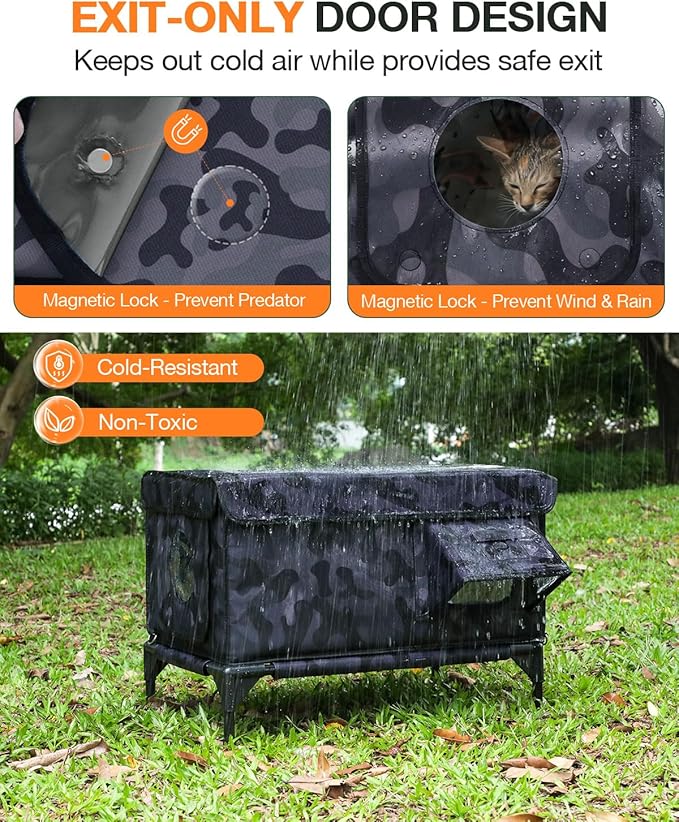 Indestructible Heated Cat House for Outside Winter, 100% Waterproof, Safe Escape Door, Insulated Outdoor Cat Shelter with Heater for Feral Barn Cat Kitty (Black Camouflage, 24"x15"x18")