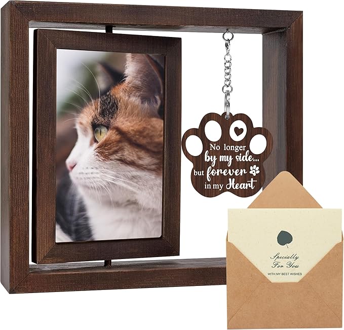 SHOW-YA Cat Memorial Gifts for Loss of Cat - Pet Memorial Gifts Cat,Loss of Cat Sympathy Gift, Cat Passing Away, Pet Remembrance Gift Cat,Rotating Wooden Cat Picture Frame 4x6 Photo
