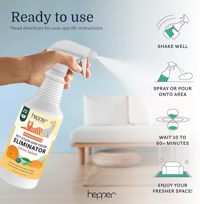 Hepper Advanced Bio-Enzyme Pet Stain & Odor Eliminator Spray - Smell, Stain & Urine Remover for Cats, Dogs & Other Animals - 32oz Spray Safe for the Home - Citrus Splash