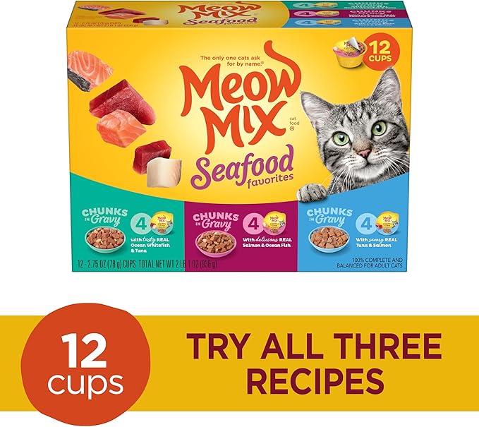 Meow Mix Seafood Favorites Chunks in Gravy Wet Cat Food Variety Pack, 2.75 Ounce (Pack of 12)